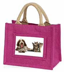 Italian Spinone Dog and Kittens Little Girls Small Pink Jute Shopping Bag