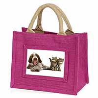 Italian Spinone Dog and Kittens Little Girls Small Pink Jute Shopping Bag