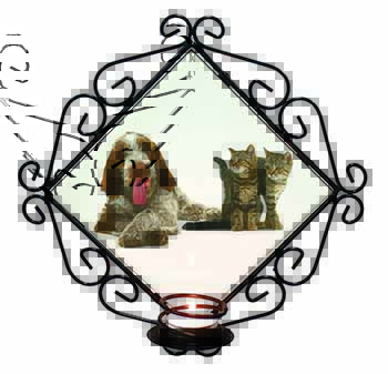 Italian Spinone Dog and Kittens Wrought Iron Wall Art Candle Holder