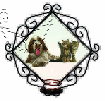 Italian Spinone Dog and Kittens Wrought Iron Wall Art Candle Holder