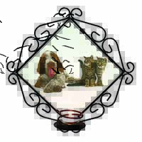 Italian Spinone Dog and Kittens Wrought Iron Wall Art Candle Holder