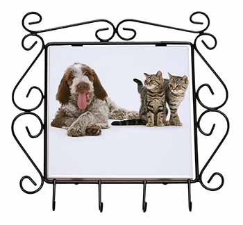 Italian Spinone Dog and Kittens Wrought Iron Key Holder Hooks