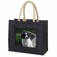 Black and White Springer Spaniel Large Black Jute Shopping Bag