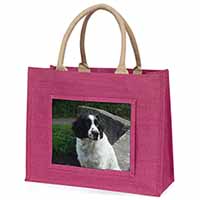 Black and White Springer Spaniel Large Pink Jute Shopping Bag