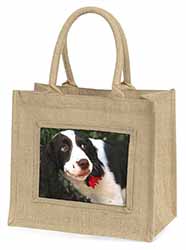 Springer Spaniel Dog and Flower Natural/Beige Jute Large Shopping Bag