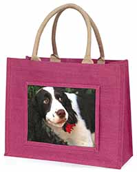 Springer Spaniel Dog and Flower Large Pink Jute Shopping Bag