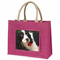 Springer Spaniel Dog and Flower Large Pink Jute Shopping Bag