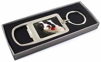 Springer Spaniel Dog and Flower Chrome Metal Bottle Opener Keyring in Box