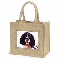 Black and White Springer Spaniel Natural/Beige Jute Large Shopping Bag