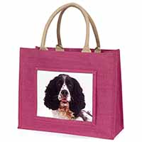 Black and White Springer Spaniel Large Pink Jute Shopping Bag