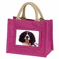 Black and White Springer Spaniel Little Girls Small Pink Jute Shopping Bag