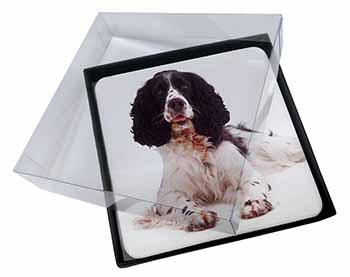 4x Black and White Springer Spaniel Picture Table Coasters Set in Gift Box