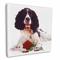Springer Spaniel with Red Rose Square Canvas 12"x12" Wall Art Picture Print