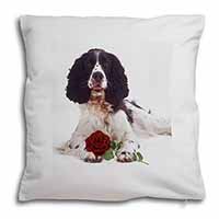 Springer Spaniel with Red Rose Soft White Velvet Feel Scatter Cushion