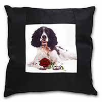 Springer Spaniel with Red Rose Black Satin Feel Scatter Cushion