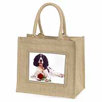 Springer Spaniel with Red Rose Natural/Beige Jute Large Shopping Bag