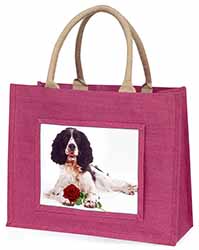 Springer Spaniel with Red Rose Large Pink Jute Shopping Bag