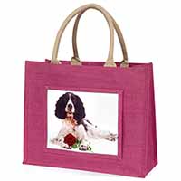 Springer Spaniel with Red Rose Large Pink Jute Shopping Bag