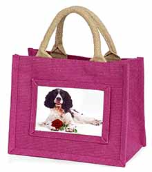 Springer Spaniel with Red Rose Little Girls Small Pink Jute Shopping Bag
