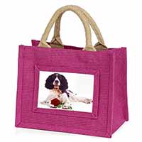 Springer Spaniel with Red Rose Little Girls Small Pink Jute Shopping Bag