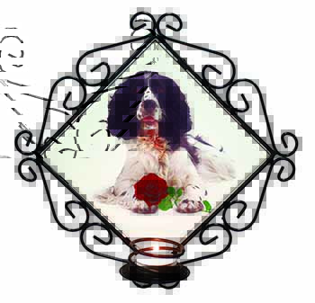 Springer Spaniel with Red Rose Wrought Iron Wall Art Candle Holder