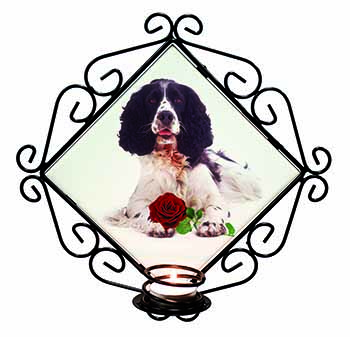 Springer Spaniel with Red Rose Wrought Iron Wall Art Candle Holder