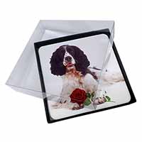 4x Springer Spaniel with Red Rose Picture Table Coasters Set in Gift Box