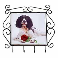 Springer Spaniel with Red Rose Wrought Iron Key Holder Hooks