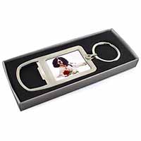 Springer Spaniel with Red Rose Chrome Metal Bottle Opener Keyring in Box