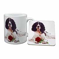 Springer Spaniel with Red Rose Mug and Coaster Set