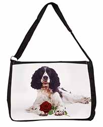 Springer Spaniel with Red Rose Large Black Laptop Shoulder Bag School/College