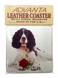 Springer Spaniel with Red Rose Single Leather Photo Coaster