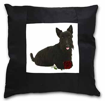 Scottish Terrier with Red Rose Black Satin Feel Scatter Cushion