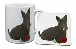 Scottish Terrier with Red Rose Mug and Coaster Set
