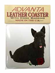 Scottish Terrier with Red Rose Single Leather Photo Coaster