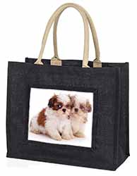 Shih-Tzu Dog Large Black Jute Shopping Bag