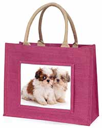Shih-Tzu Dog Large Pink Jute Shopping Bag