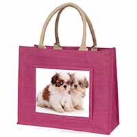 Shih-Tzu Dog Large Pink Jute Shopping Bag