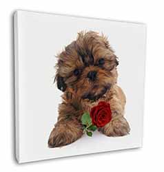 Shih Tzu Dog with Red Rose Square Canvas 12"x12" Wall Art Picture Print