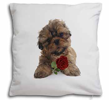 Shih Tzu Dog with Red Rose Soft White Velvet Feel Scatter Cushion