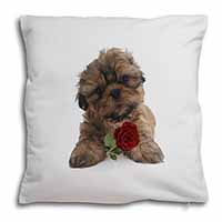 Shih Tzu Dog with Red Rose Soft White Velvet Feel Scatter Cushion