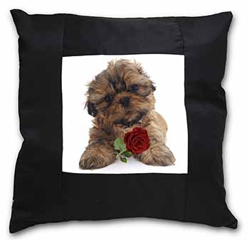 Shih Tzu Dog with Red Rose Black Satin Feel Scatter Cushion