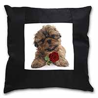 Shih Tzu Dog with Red Rose Black Satin Feel Scatter Cushion