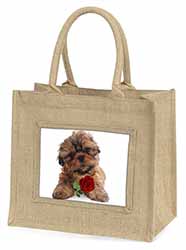 Shih Tzu Dog with Red Rose Natural/Beige Jute Large Shopping Bag