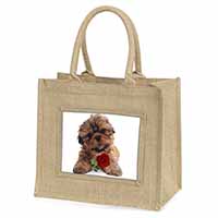 Shih Tzu Dog with Red Rose Natural/Beige Jute Large Shopping Bag