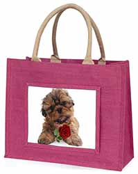 Shih Tzu Dog with Red Rose Large Pink Jute Shopping Bag