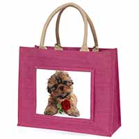 Shih Tzu Dog with Red Rose Large Pink Jute Shopping Bag