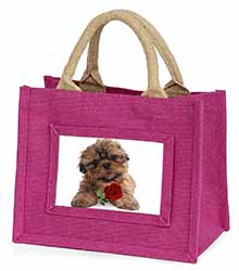 Shih Tzu Dog with Red Rose Little Girls Small Pink Jute Shopping Bag
