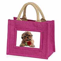 Shih Tzu Dog with Red Rose Little Girls Small Pink Jute Shopping Bag