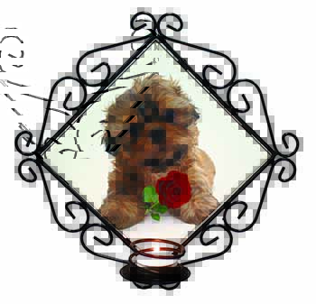 Shih Tzu Dog with Red Rose Wrought Iron Wall Art Candle Holder